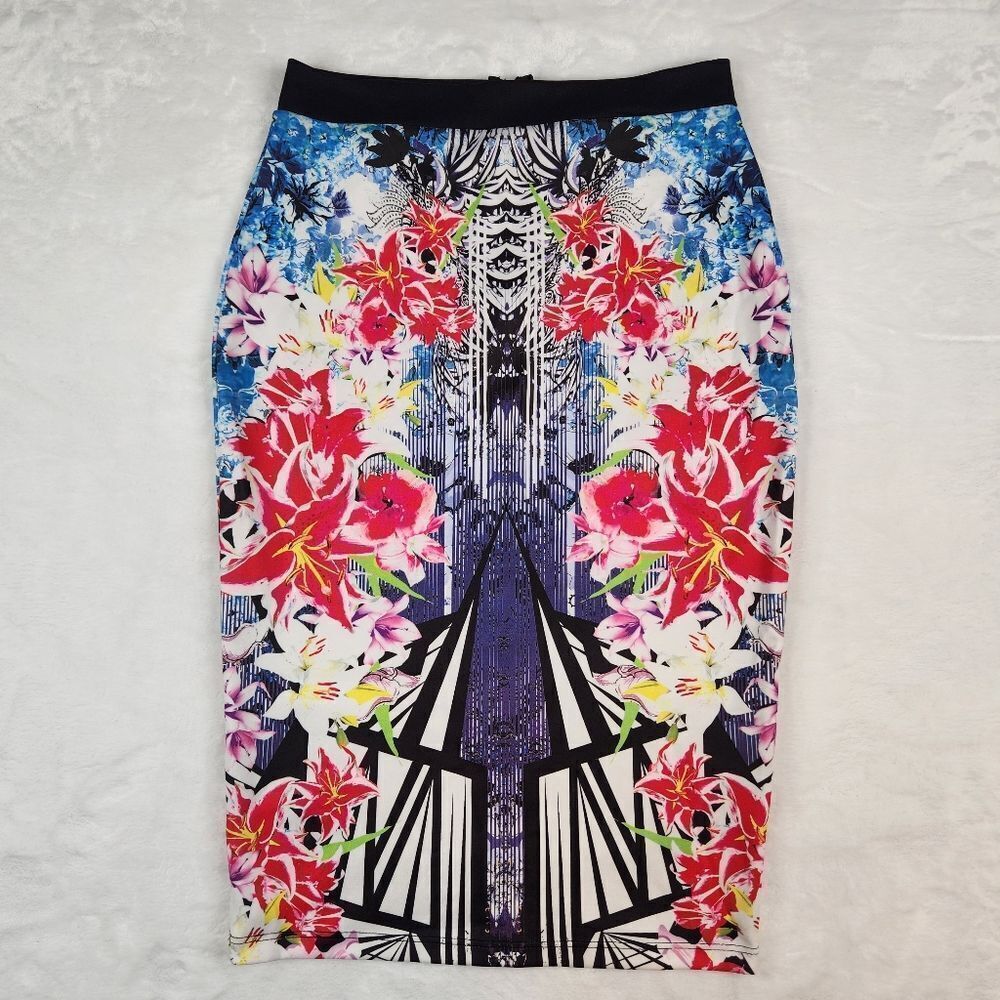 Arden B Asymmetrical Floral Geometric Pencil Skirt Sz M